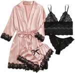 Women's Sleepwear 4 Pieces Lace Satin Pajamas 