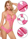 Deep V Lingerie Lace One Piece Crotchless Babydoll in Pink