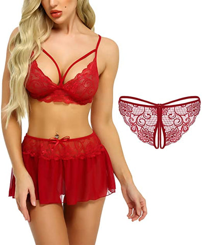 Lingerie Lace Bralette Crotchless Thong Mini Skirt 