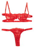 Sexy Underwire Strappy Eyelash Floral Lace Lingerie Set  - Red